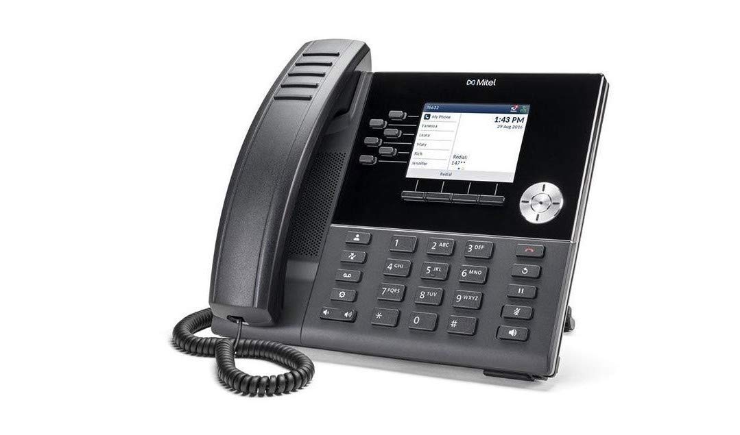 A desk phone with a small screen