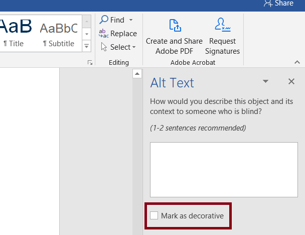 The "Mark as decorative" option is directly below the description box for the alt text.