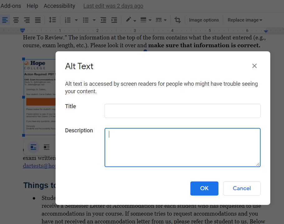 Screen shot of alt text editor in Google Docs.