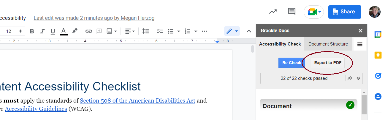 Screenshot of a Google Doc's document with the Grackle Docs extension open on the right hand side. At the top of the Grackle menu is a button labeled "Export PDF" and it is circled in red.